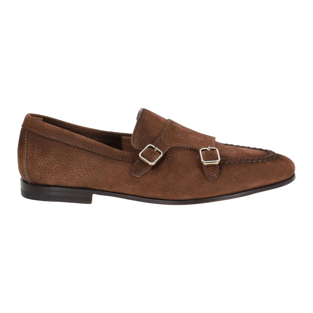 Santoni Men's Brown Loafers, 9 Uk, Double Buckle Flat Shoes