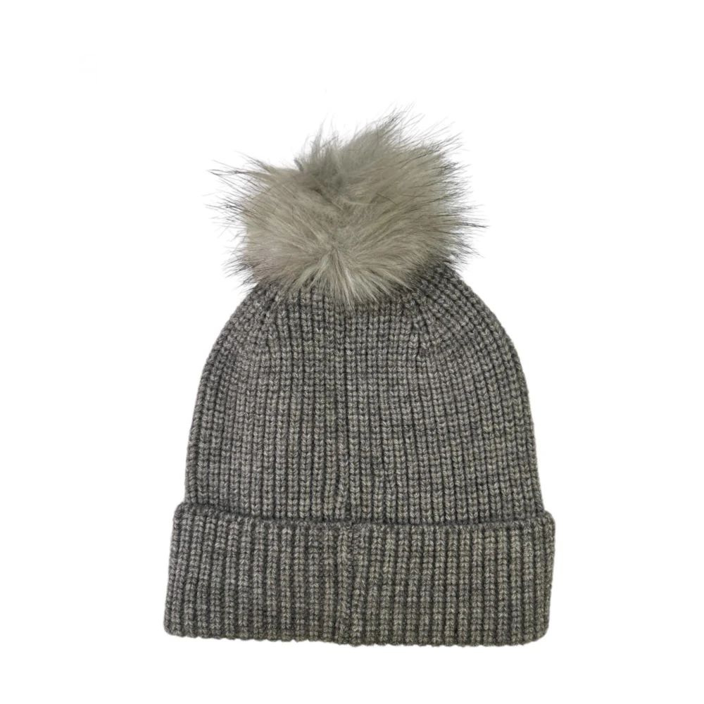 Molly Bracken Geribbelde acryl muts met nepbont pompon Gray Dames