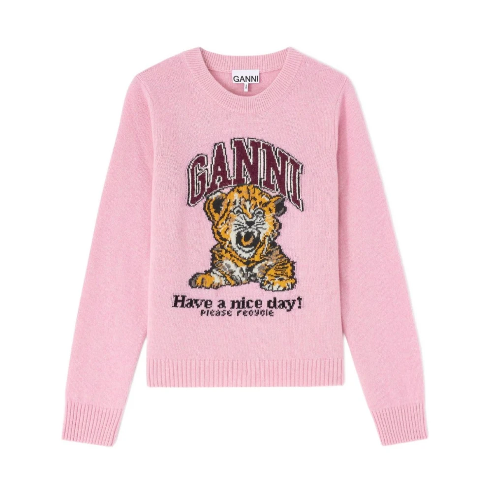 Ganni Pink Round-Neck Knitwear, Female, L, Graphic Crewneck Knitwear