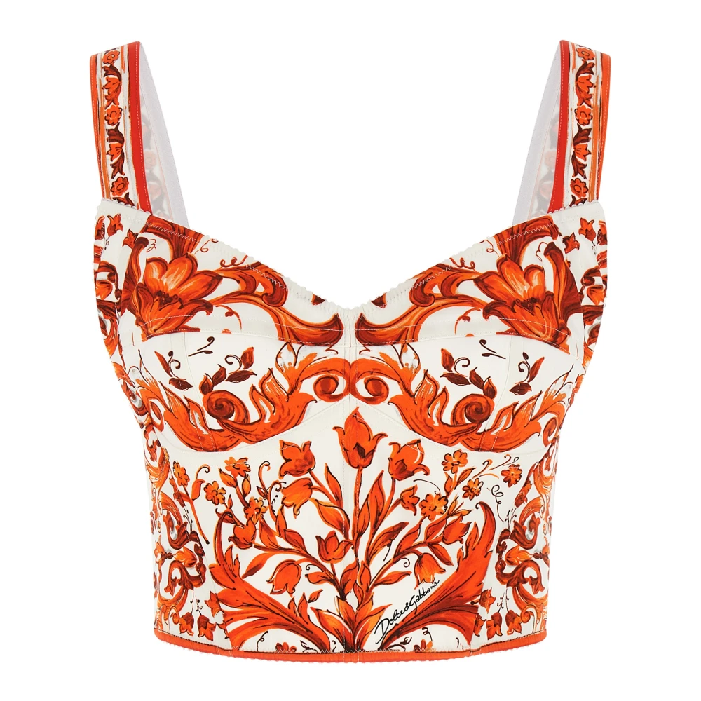 Dolce & Gabbana Majolica-Print Charmeuse Bustier Top - Female - Sleeveless Tops - Orange - S - Tops