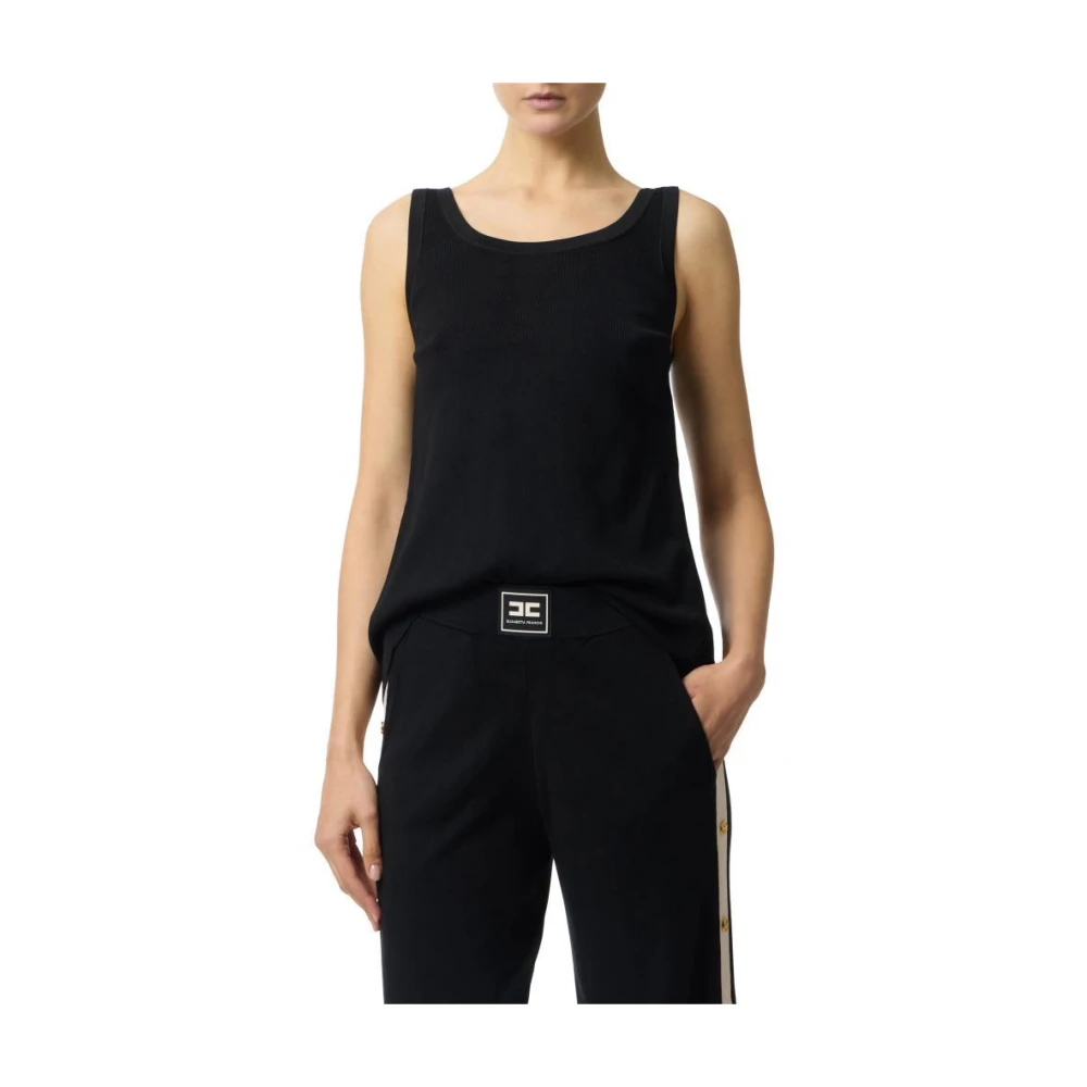Elisabetta Franchi Women's Black Sleeveless Tops, M, Knit Fabric Top With Shiny Viscose Bands