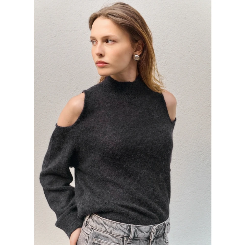 Dante 6 Zwarte Alpaca Trui met Open Schouders Black Dames
