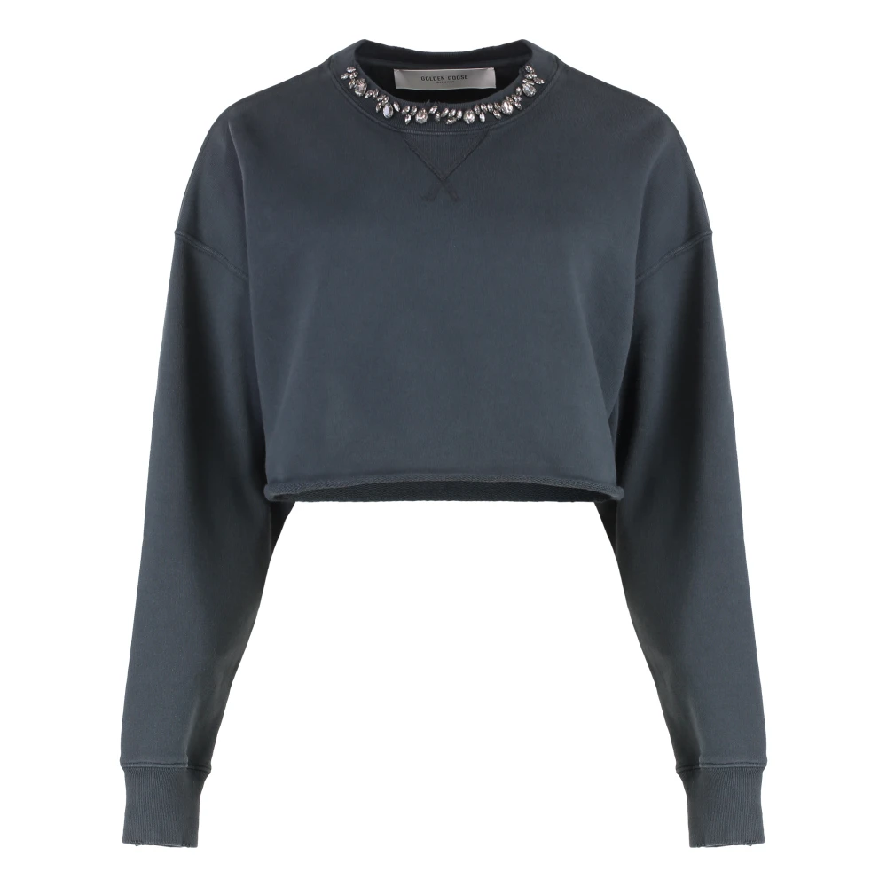 Golden Goose Women's Black Cropped Cotton Sweatshirt With Crystals - Sweatshirts - Xs - Sweatshirts & Hoodies