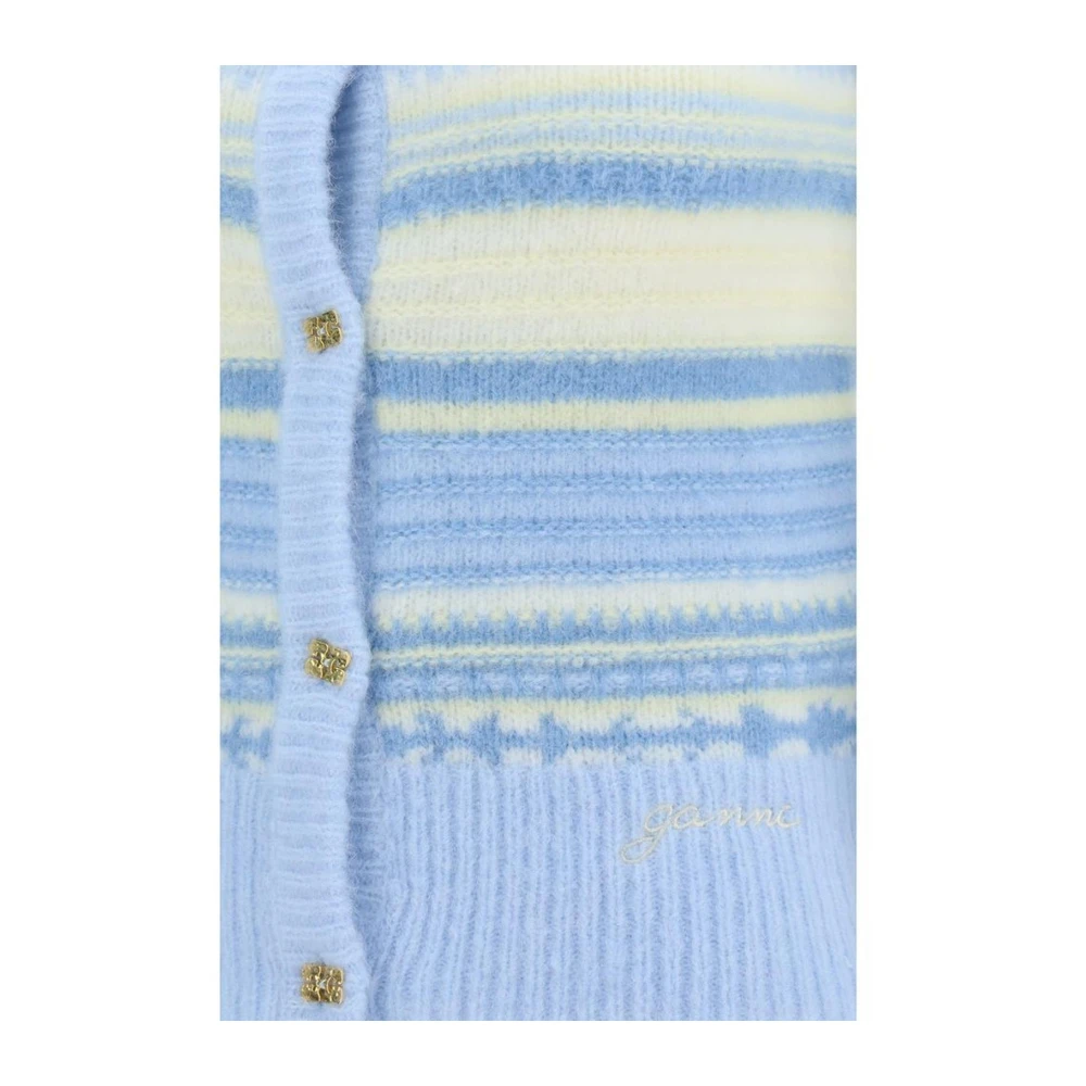 Ganni Gestreepte Merinowol Vest met Geribbelde V-Hals Blue Dames