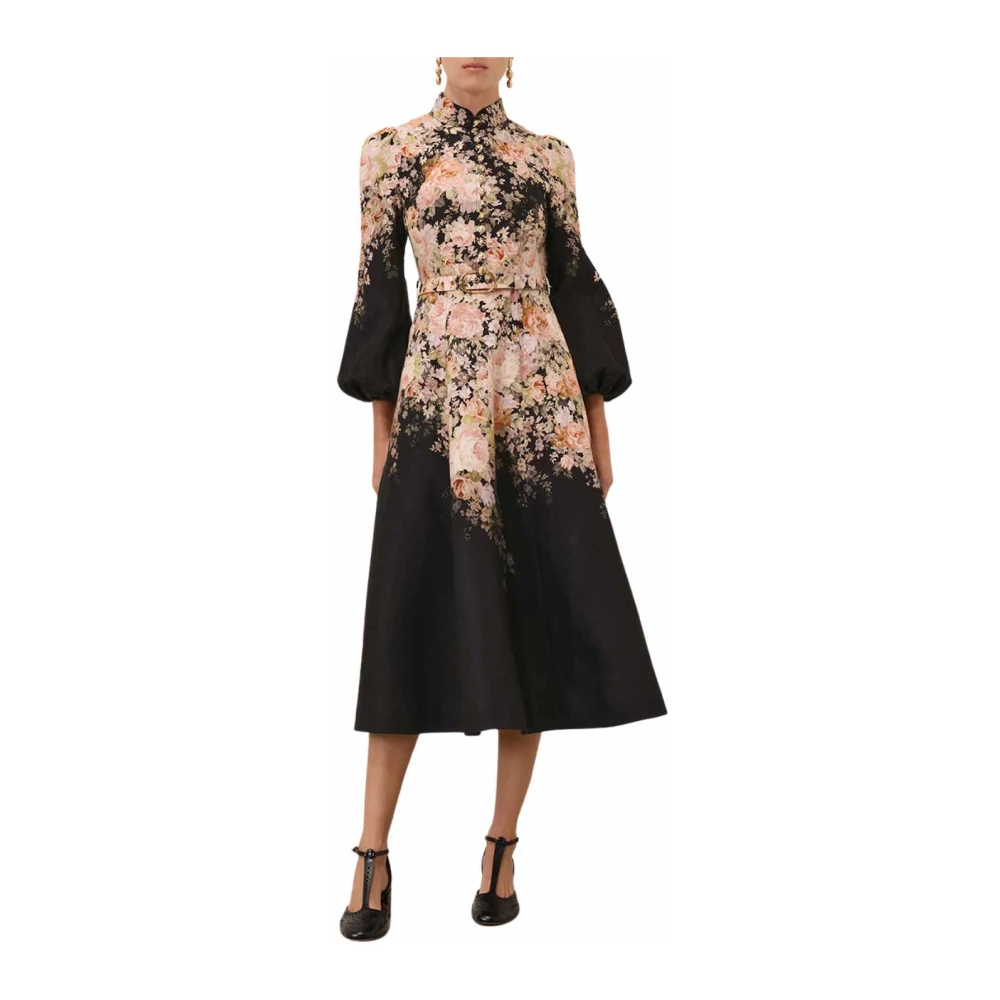Zimmermann Zwart Rococo Bloemen Knoop Midi Jurk Multicolor Dames