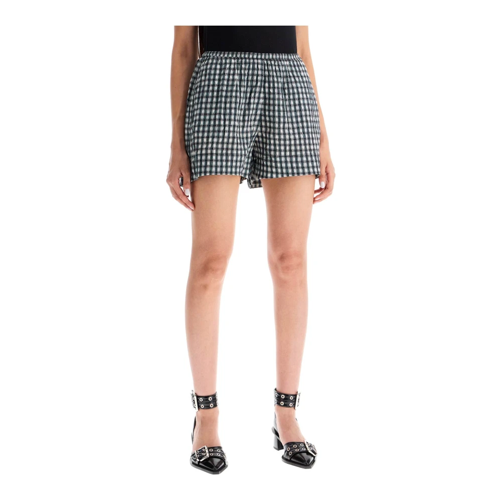 Ganni Geruite Seersucker Shorts met Blauwe Details Black Dames