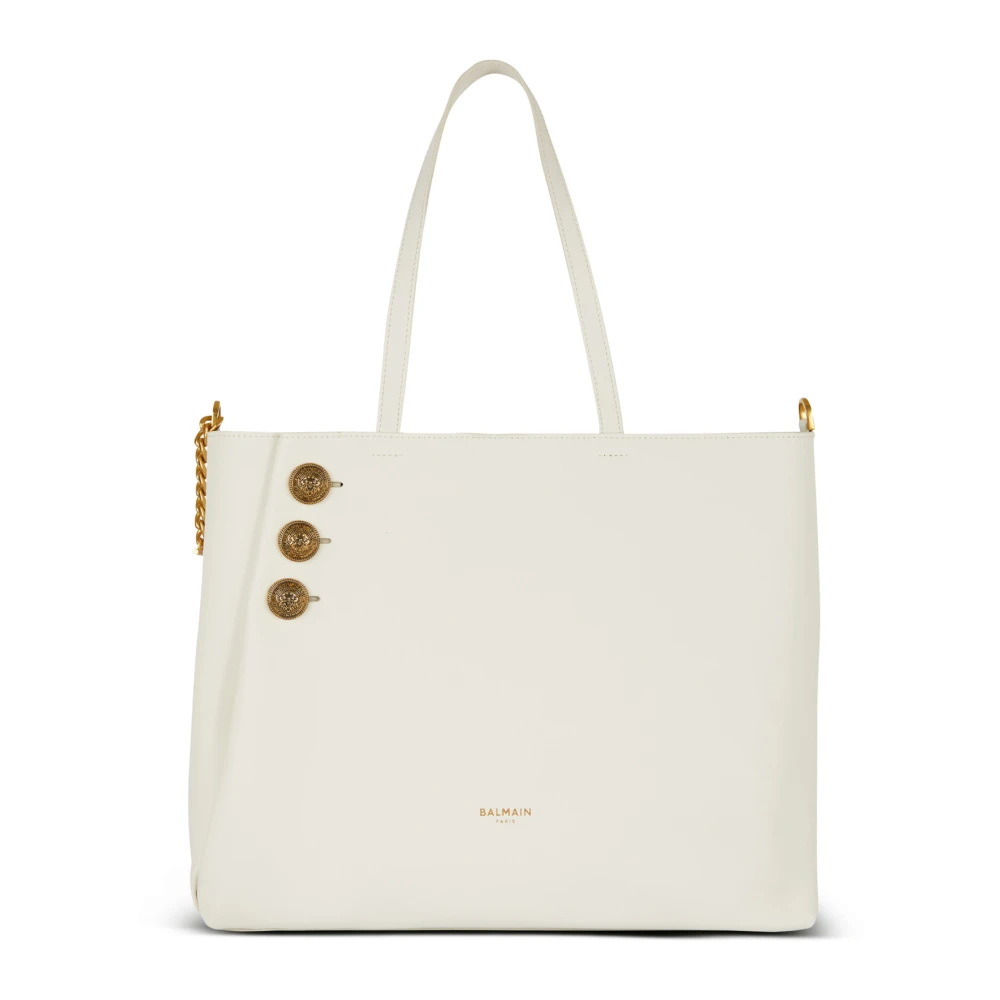 Balmain Emblème Läder Tote Bag White, Dam