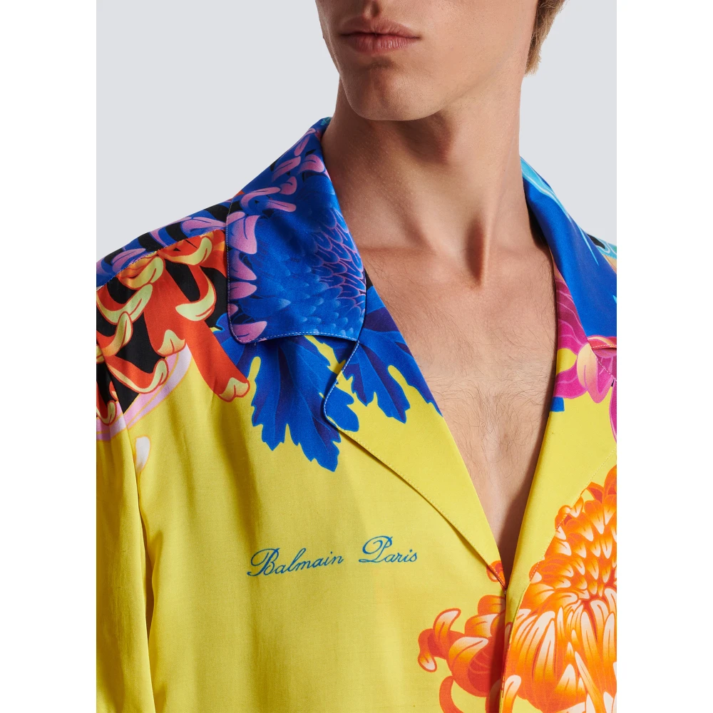 Balmain Kortemouw satijnen shirt met Crane print Multicolor Heren