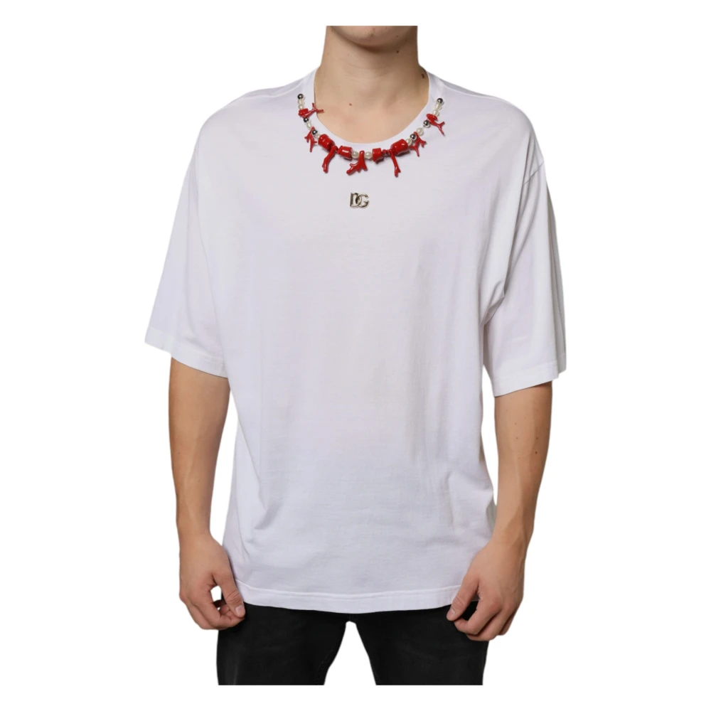 Dolce & Gabbana Men's White T-Shirts, 4XL, Necklace Embellished T-Shirt