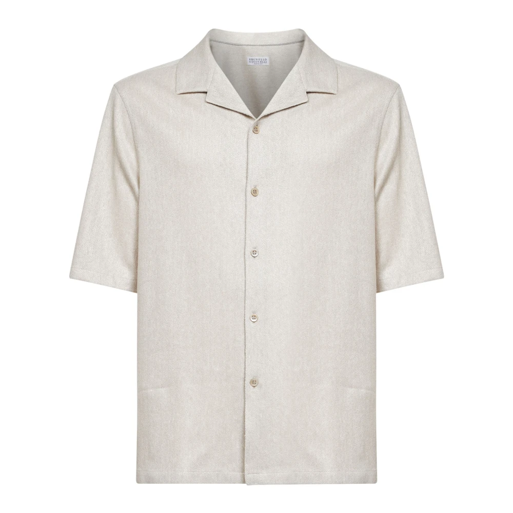 Brunello Cucinelli Men's Beige Linen And Cotton Chevron Jersey Short Sleeve Shirt