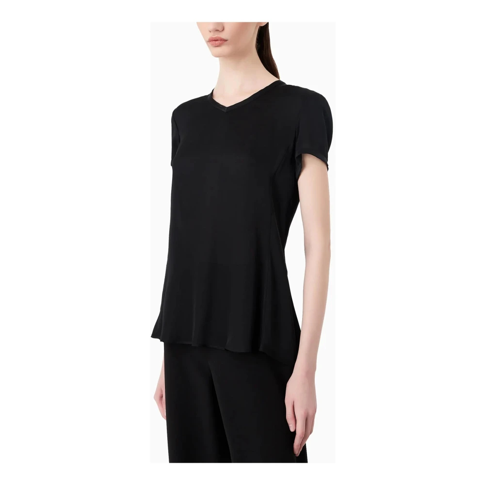 Giorgio Armani Zwarte Zijden Crepe Blouse V-Hals Korte Mouw Black Dames