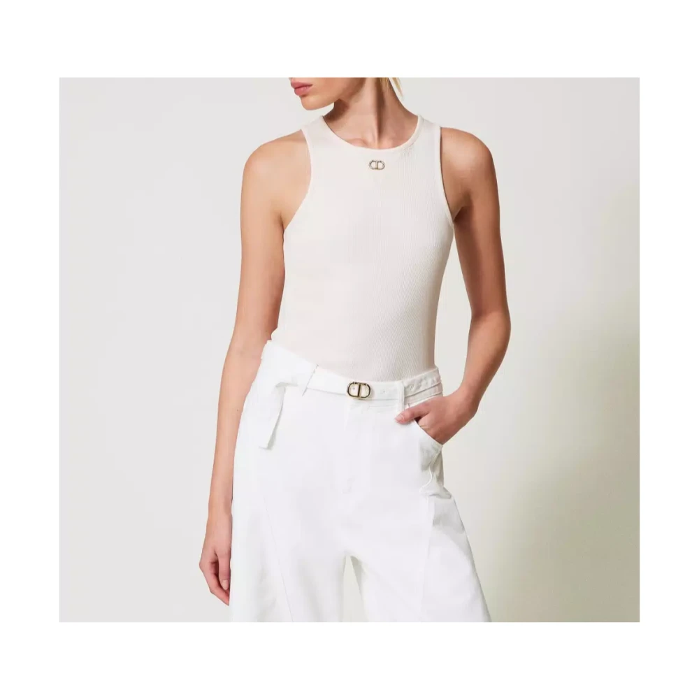 Twinset Aansluitende Ribtop met Ovale Halslijn White Dames