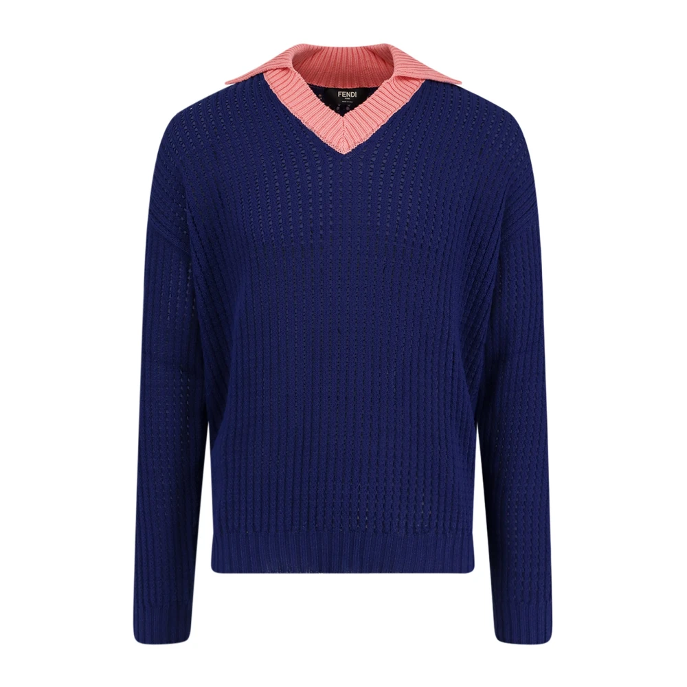 Fendi Jumpers - Male - V-Neck Knitwear - Blue - L - Knitwear