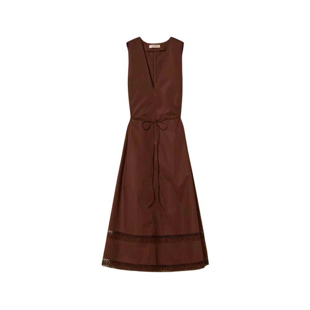 Twinset Women's Brown Long Poplin Dress With Embroidery - Midi Dresses - L - Dresses