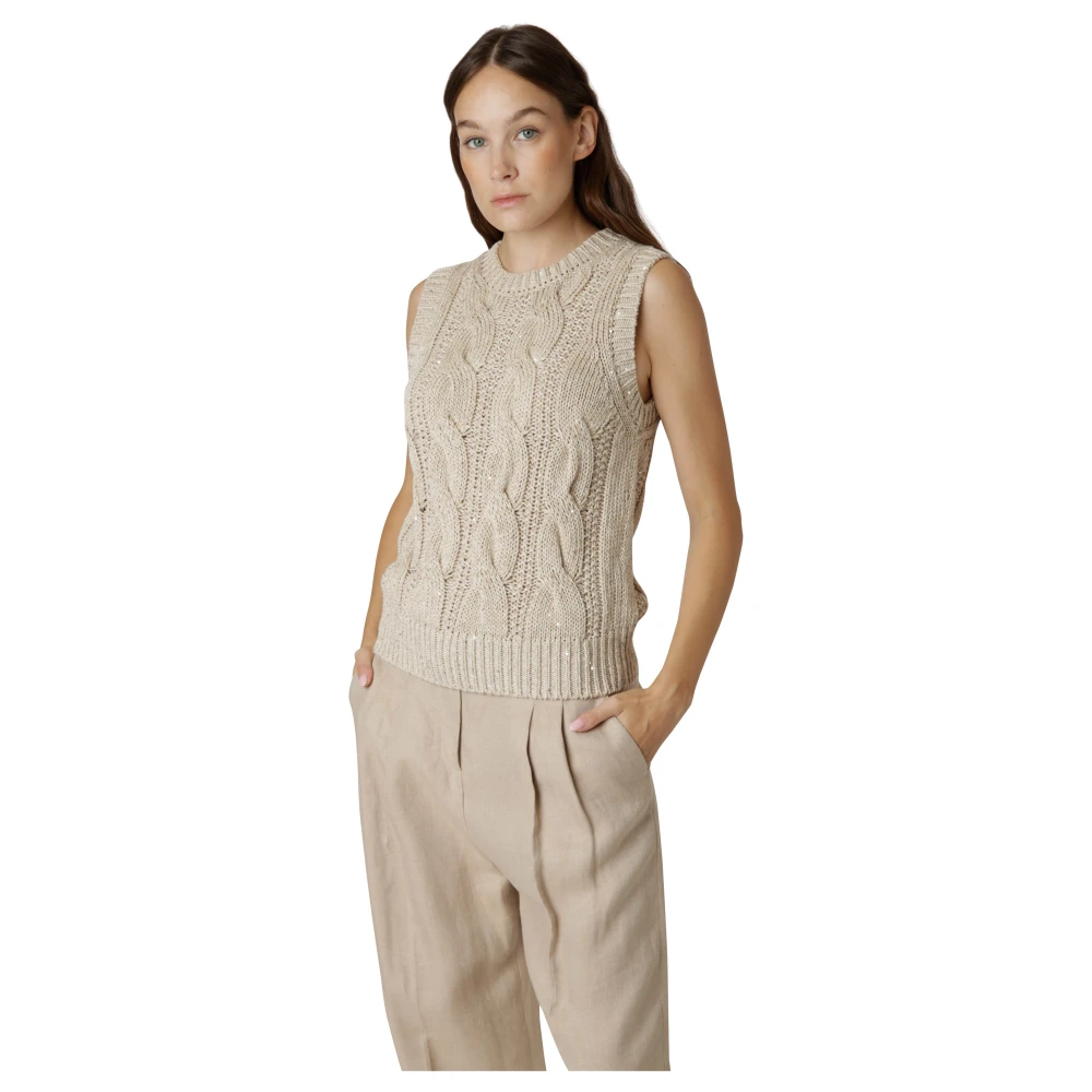 Eleventy Mouwloze Katoenen Linnen Metallic Gebreide Top Beige Dames