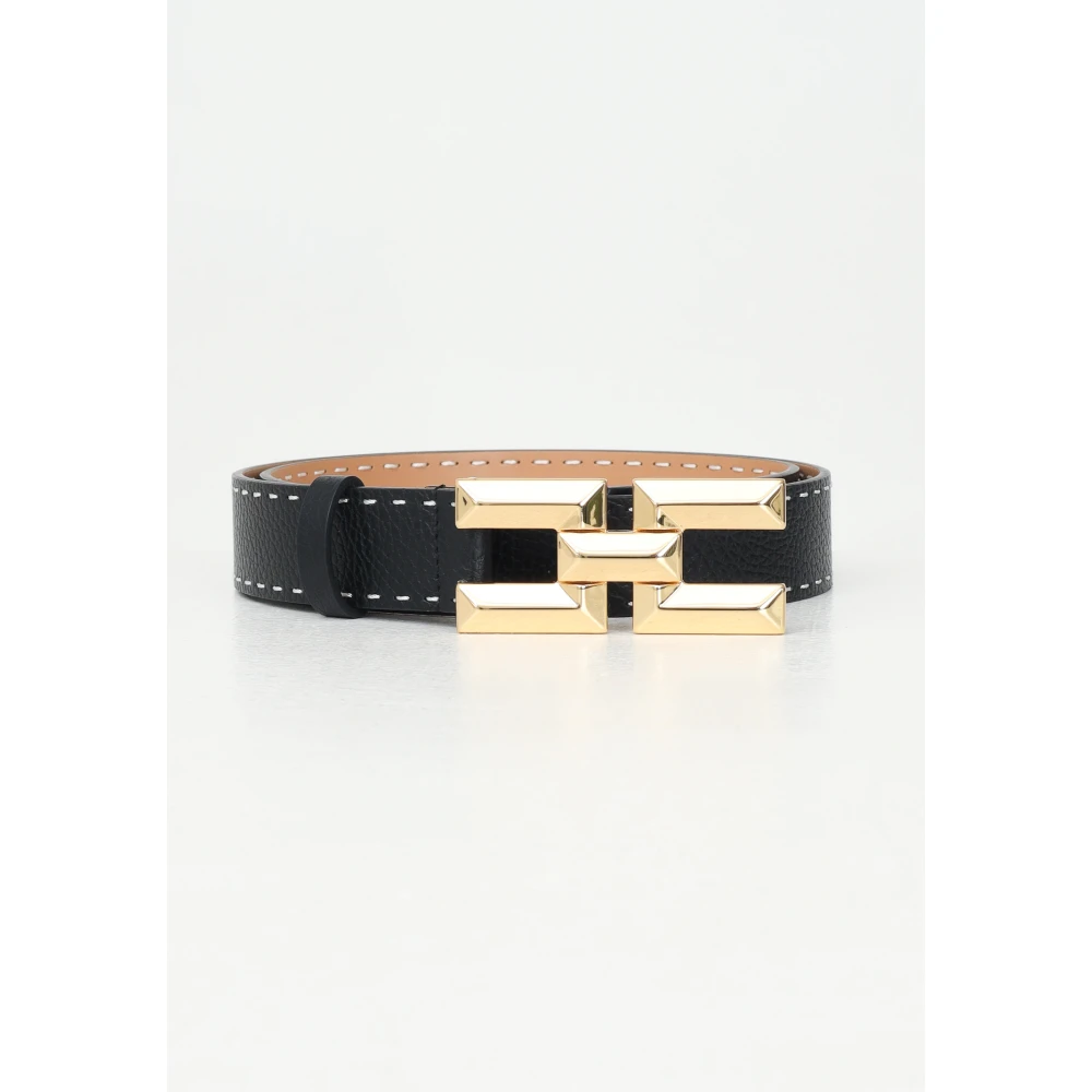 Elisabetta Franchi Zwarte leren hoge taille riem met gouden logogesp Black Dames