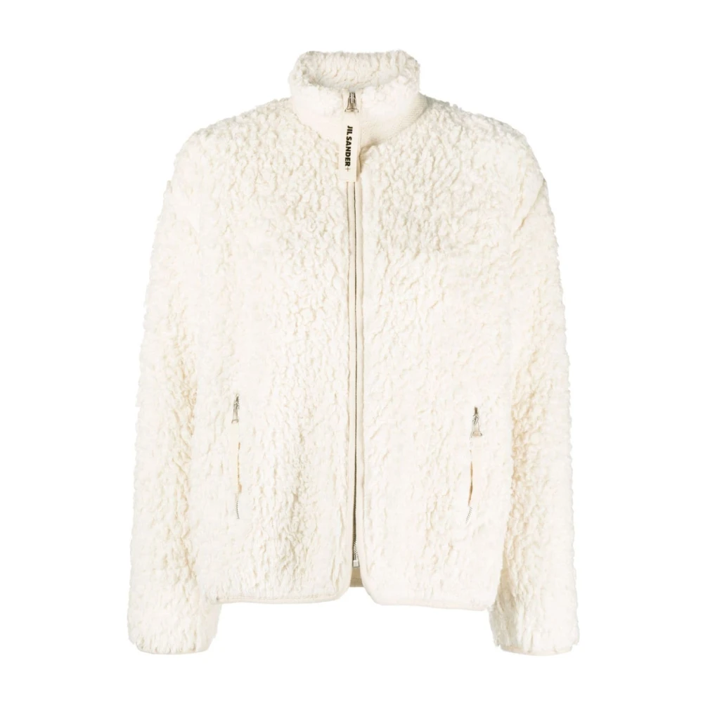 Jil Sander Shearling Zip Sweater Ivory Jersey Trim White Dames