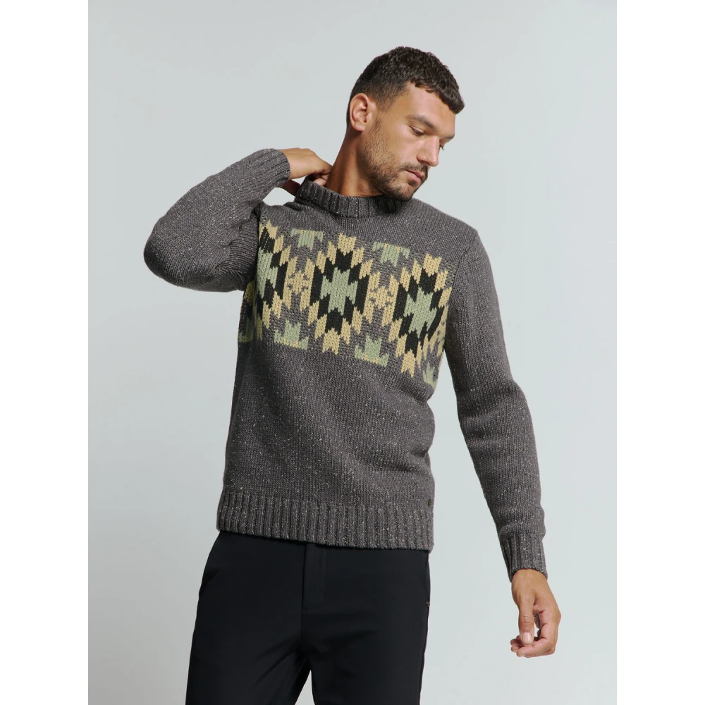 No Excess Zijden Jacquard Crewneck Pullover Aztekenprint Gray Heren