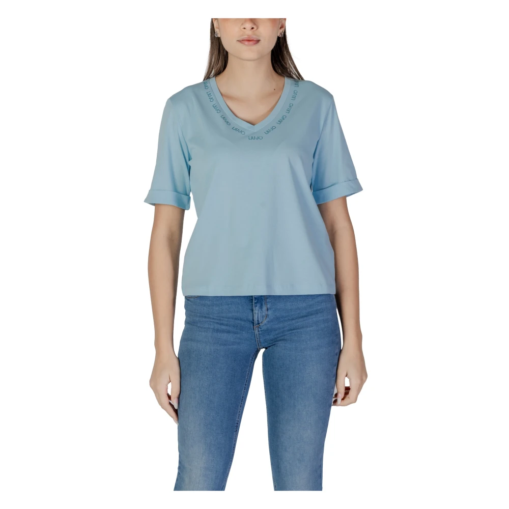 Liu Jo Blauw V-hals Katoenen T-shirt Blue Dames