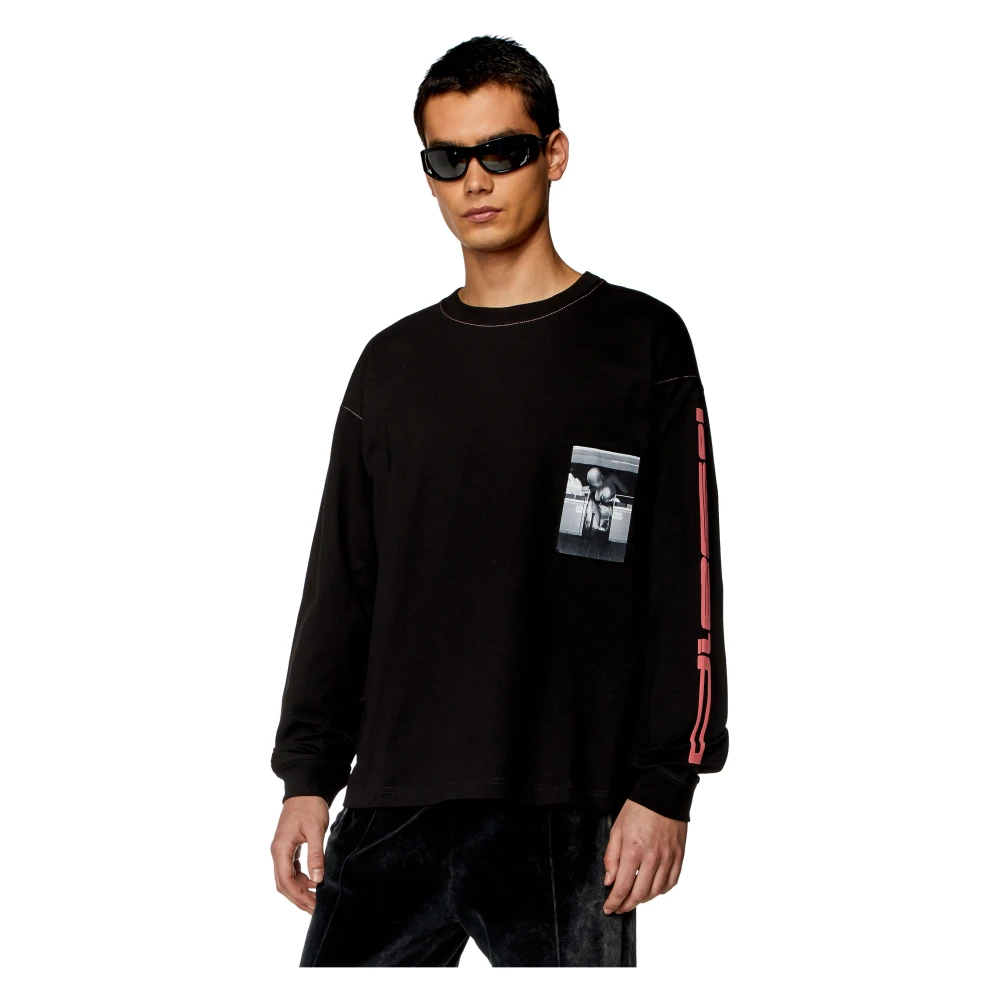 Diesel Long-sleeve T-shirt with raw-cut patches Black Heren