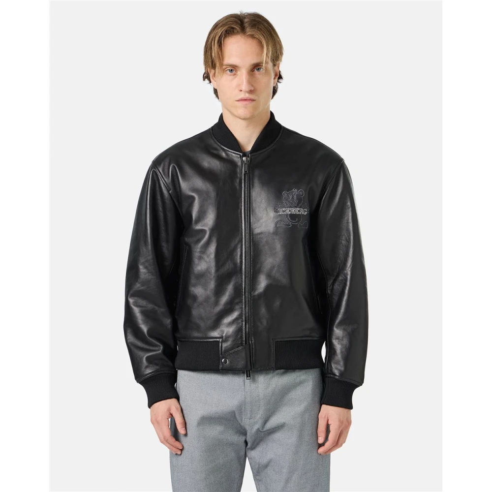 Iceberg Zwarte leren bomberjack met beerborduursel en dubbele schuifrits met logo Black Heren