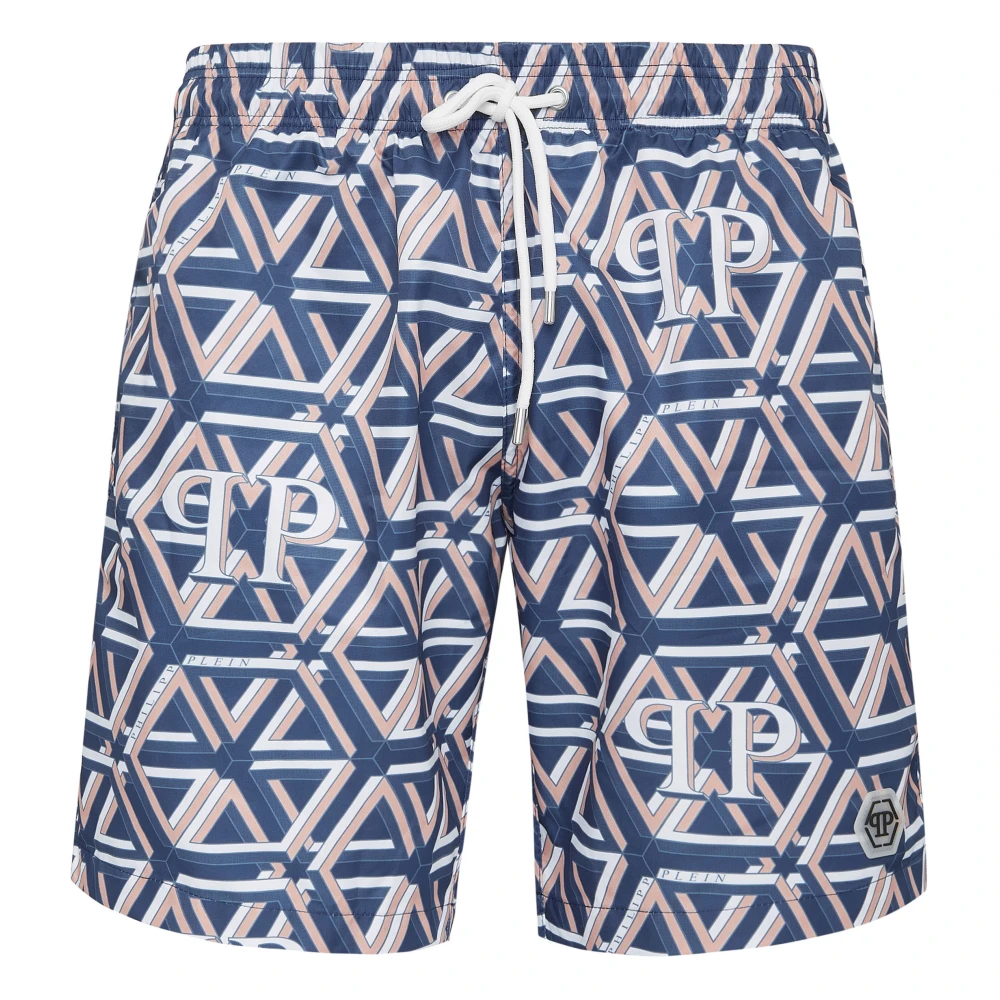 Philipp Plein Men's Blue Beachwear, S, Swim Trunks Hexagon Monogram