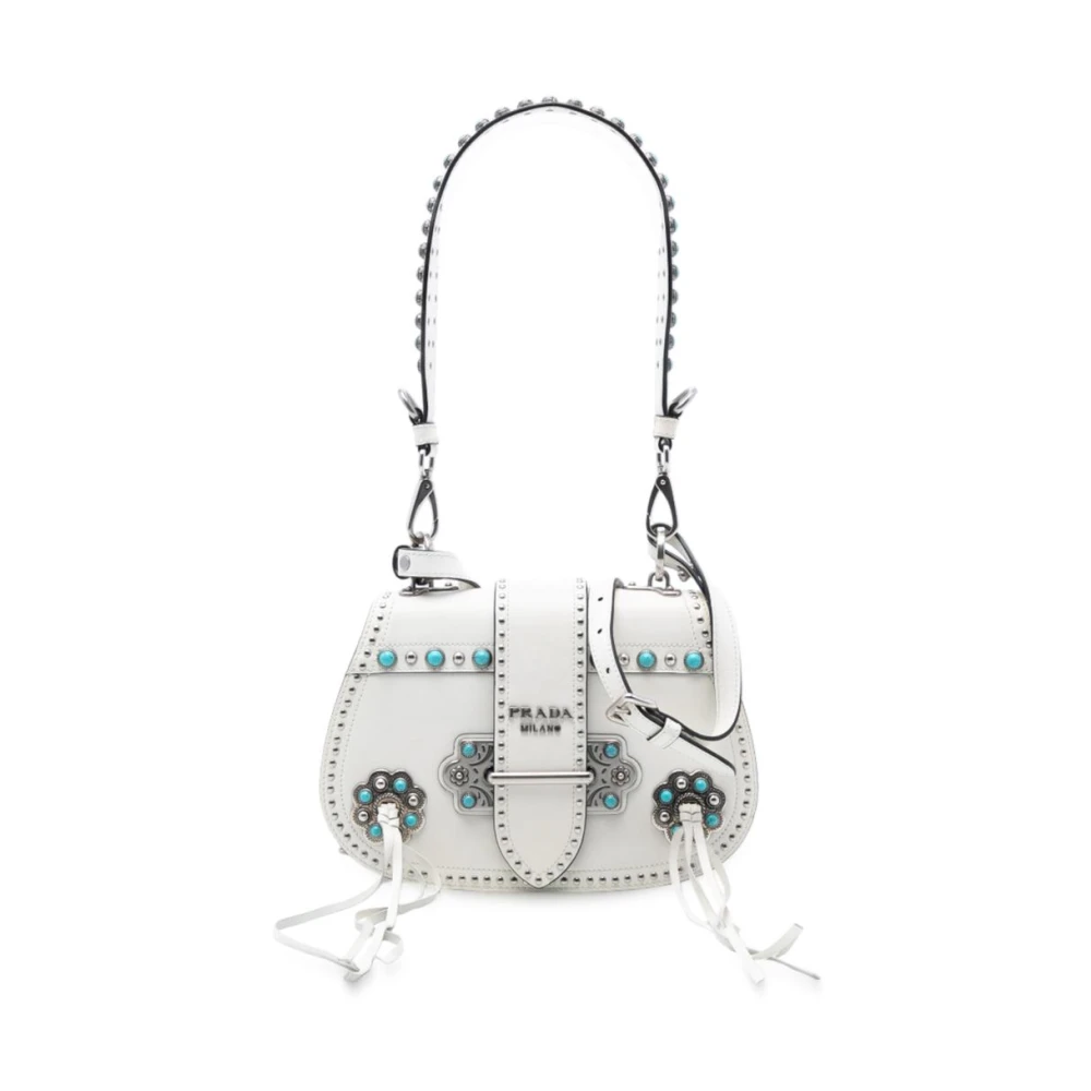 Prada Vintage Women's White Pre-Owned Embellished Leather Shoulder Bag