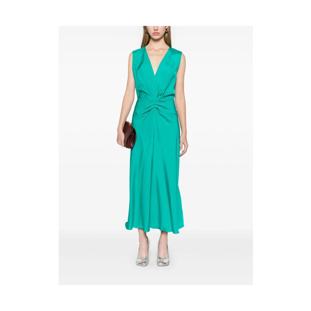 Victoria Beckham Teal Green V-hals Jurk met Gerimpelde Plooien Green Dames