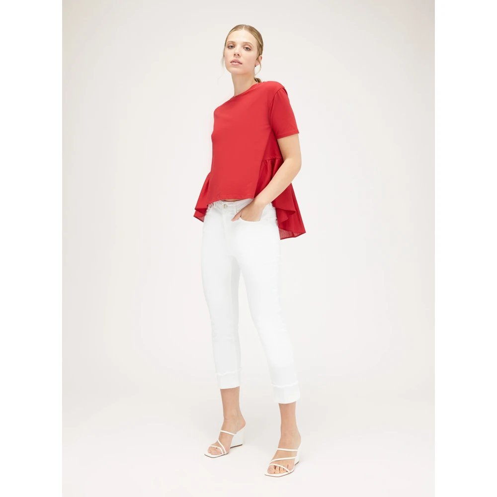 Motivi Katoenen T-shirt met Gaze Ruche Red Dames