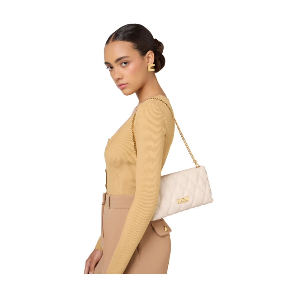 Elisabetta Franchi Gestanste Stoffen Clutch met Gouden Logo Beige Dames