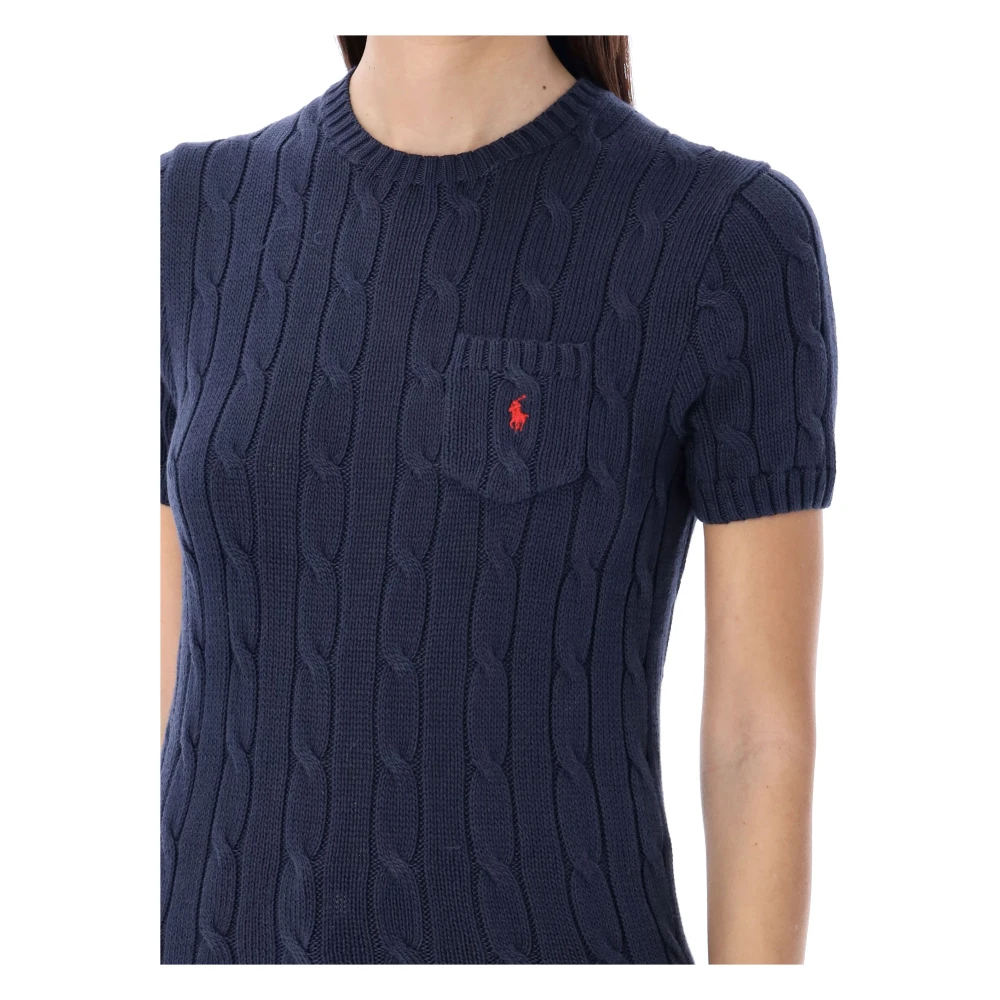 Polo Ralph Lauren Katoenen kabelgebreide T-shirt met korte mouwen Blue Dames