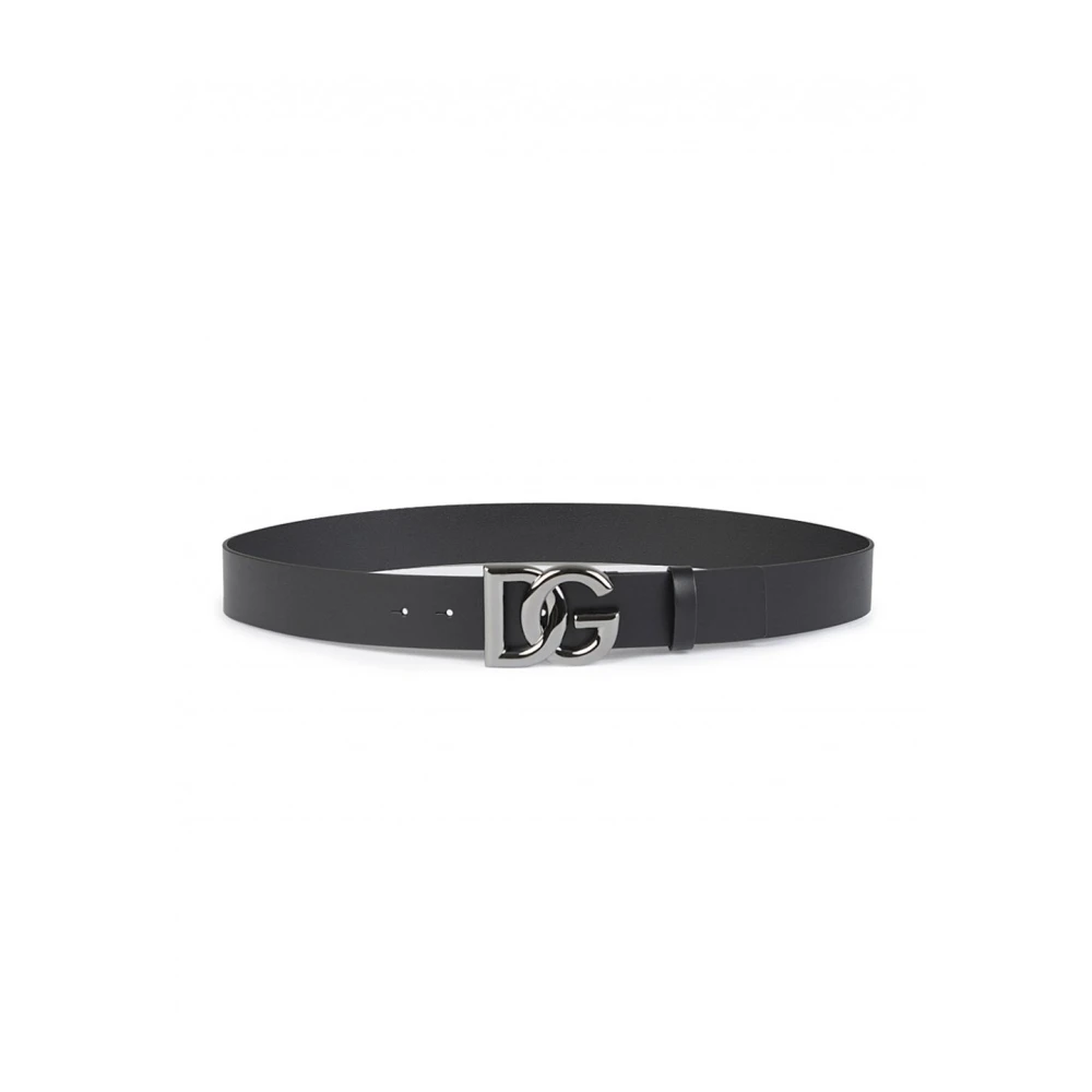 Dolce & Gabbana Men's Black Interlock Leather Belt With Logo Buckle