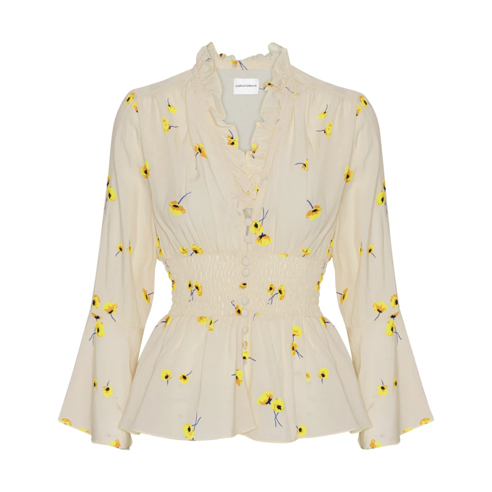 American Dreams Beige Flower Top met 3 4 Mouwen Beige Dames