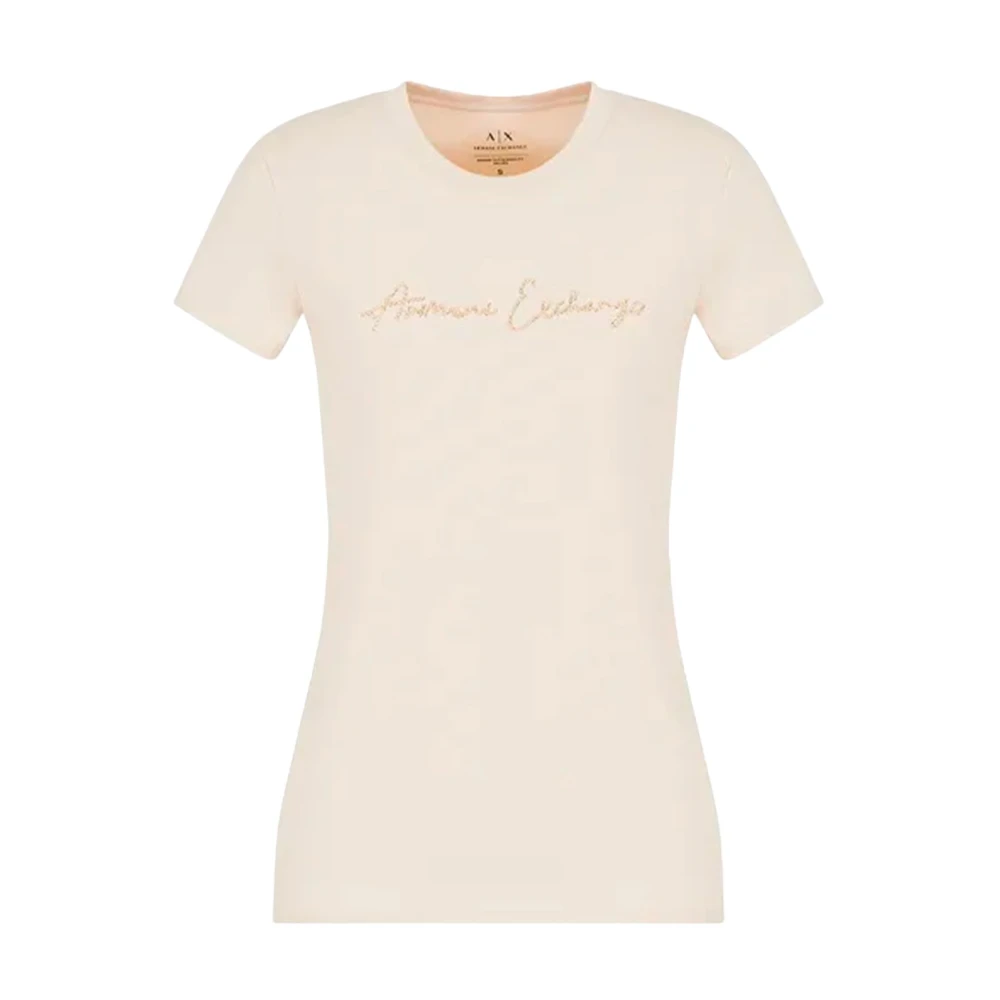 Armani Exchange Glitter Logo Slim Fit T-Shirt Beige Dames