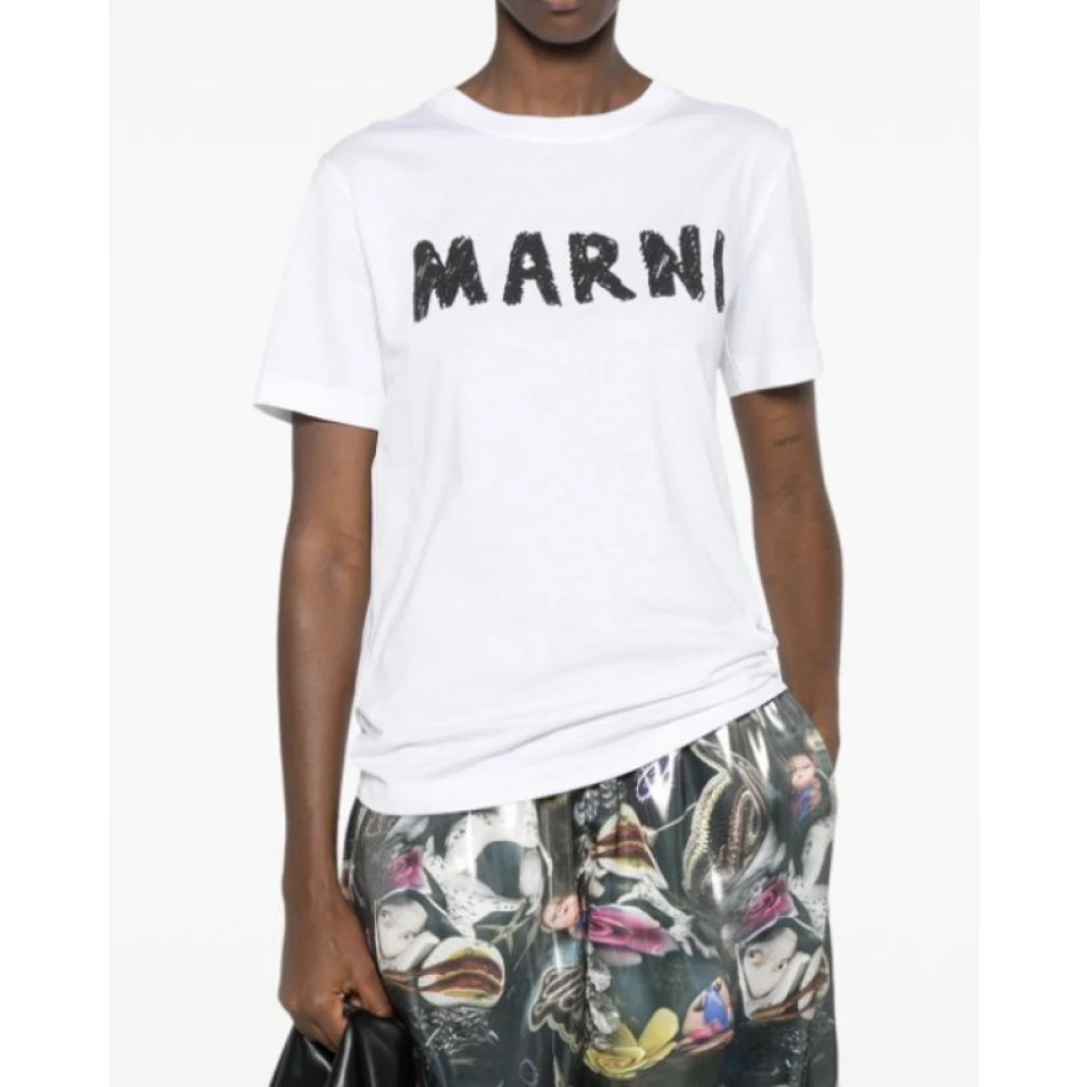 Marni Witte Crayon Logo T-Shirt White Dames