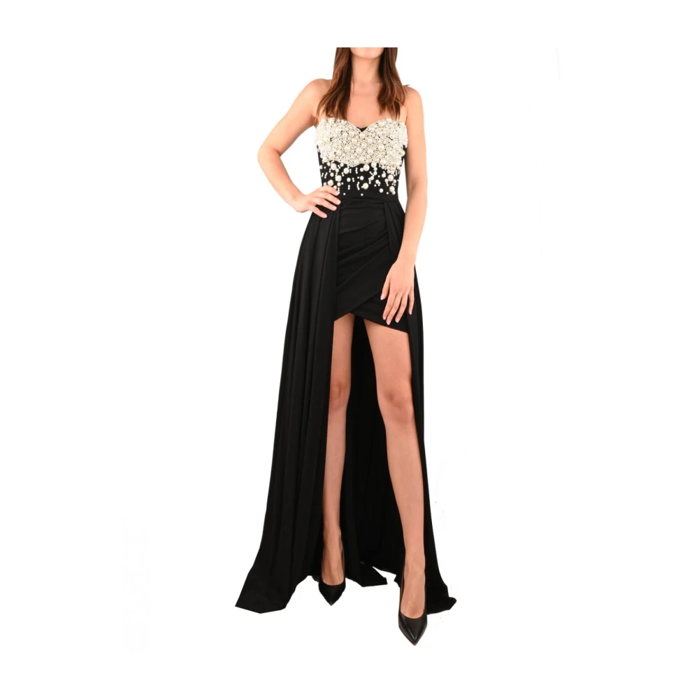 Elisabetta Franchi Elegante Parel Geborduurde Lange Jurk Black Dames