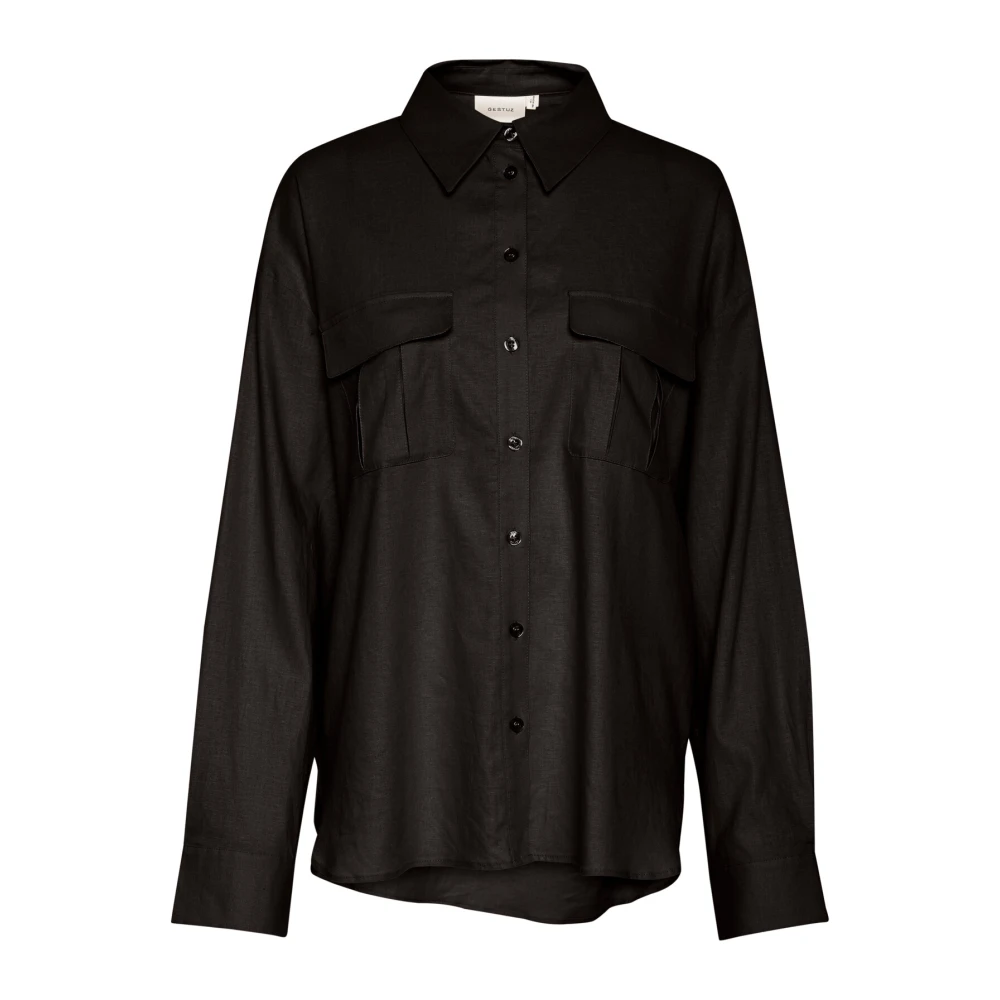 Gestuz Donna Nero Camicia Nera In Lino Con Tasche Utility