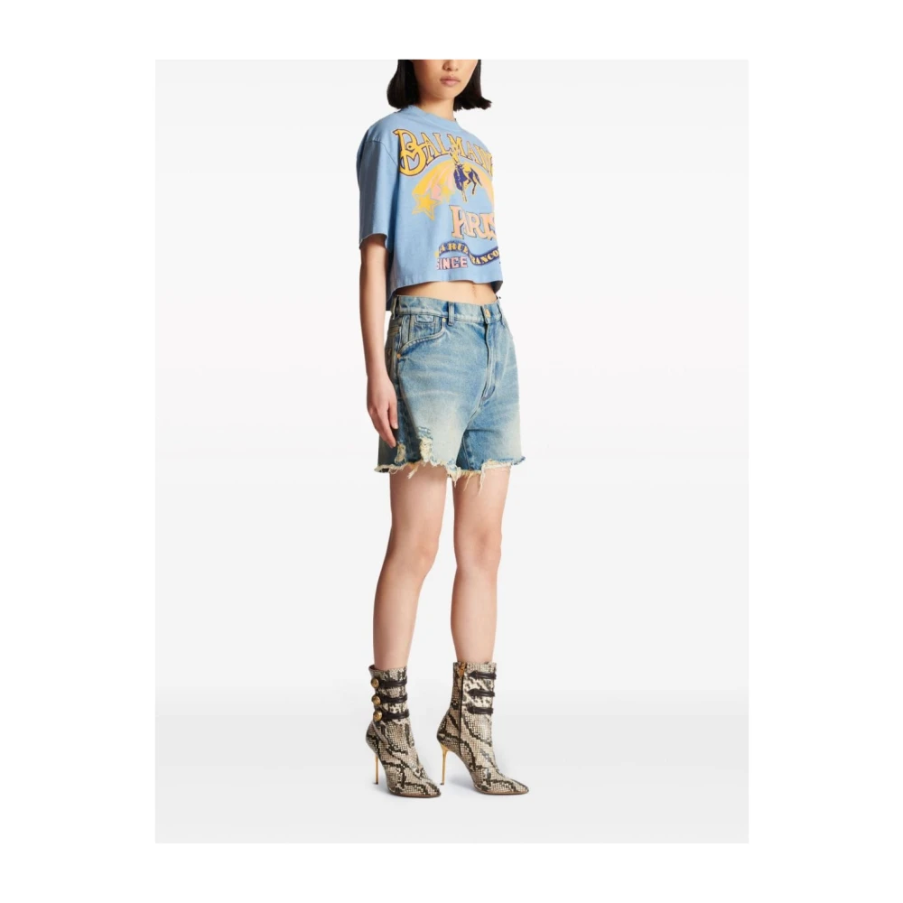 Balmain Denim Shorts met Geborduurd Logo Blue Dames