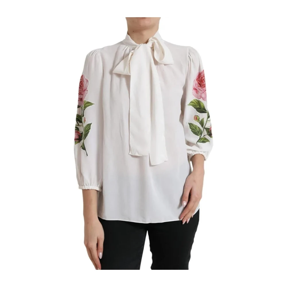 Dolce & Gabbana Zijden Bloemen Kraag Top Blouse White Dames