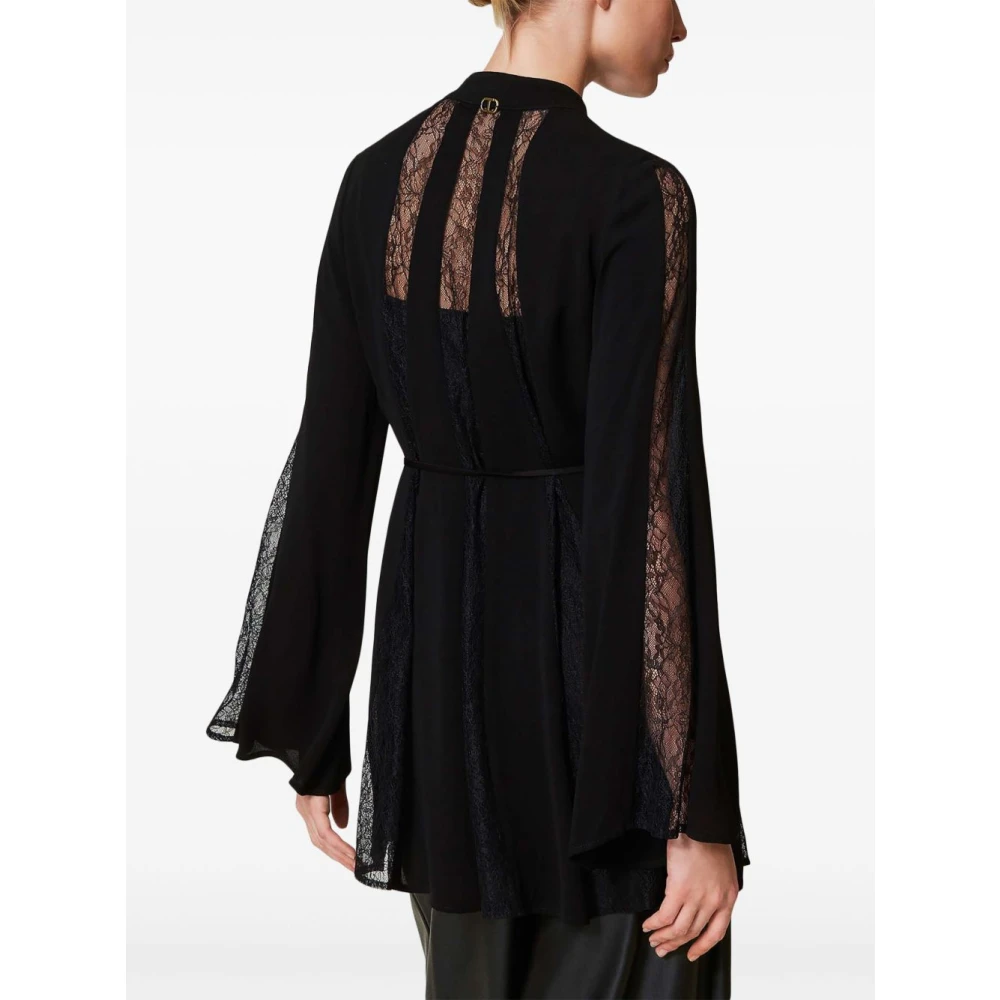 Twinset Zwarte Strik Kraag Jurk Wijd Uitlopende Manchetten Black Dames
