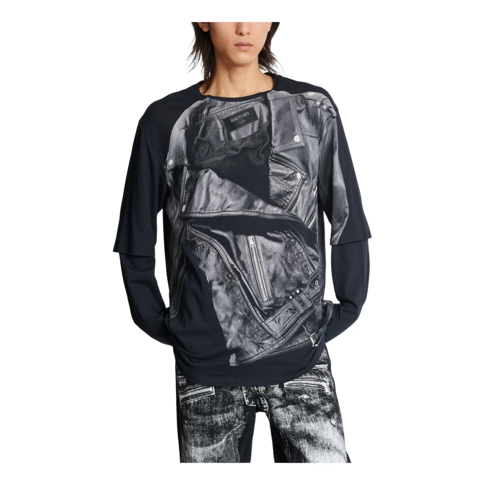 Balmain Leather Trompe L`Œil LS T-Shirt Black Heren