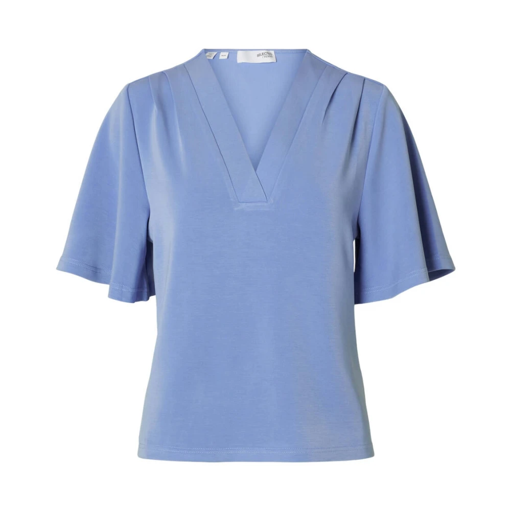Selected Femme Korte Mouw V-Hals Blouse Top Blue Dames