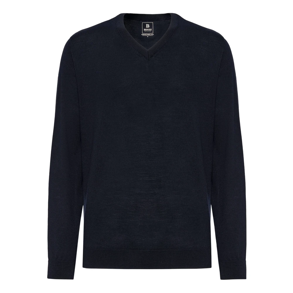 Boggi Milano Merino Wol V-hals Trui Blue Heren