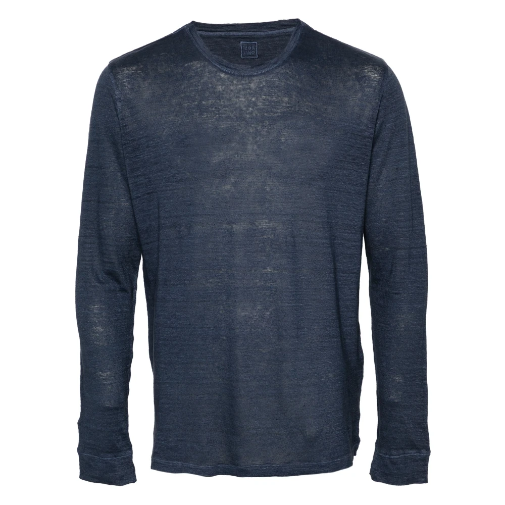 120% lino Blauw Linnen Crew Neck Lange Mouw Blue Heren