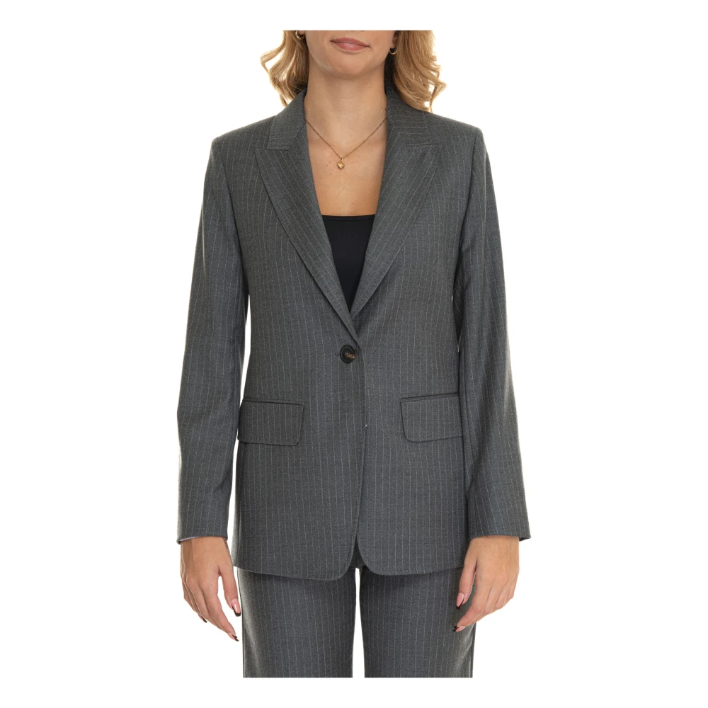 Max Mara Studio Gestreepte Lange Jas met 1 Knoop Gray Dames