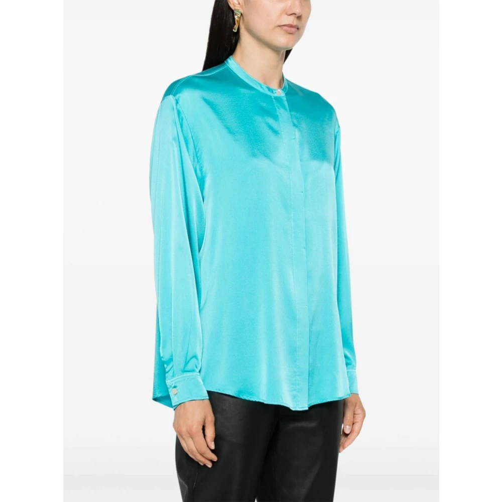 Forte Zijden Satijnen Mandarin Kraag Oversized Shirt Blue Dames