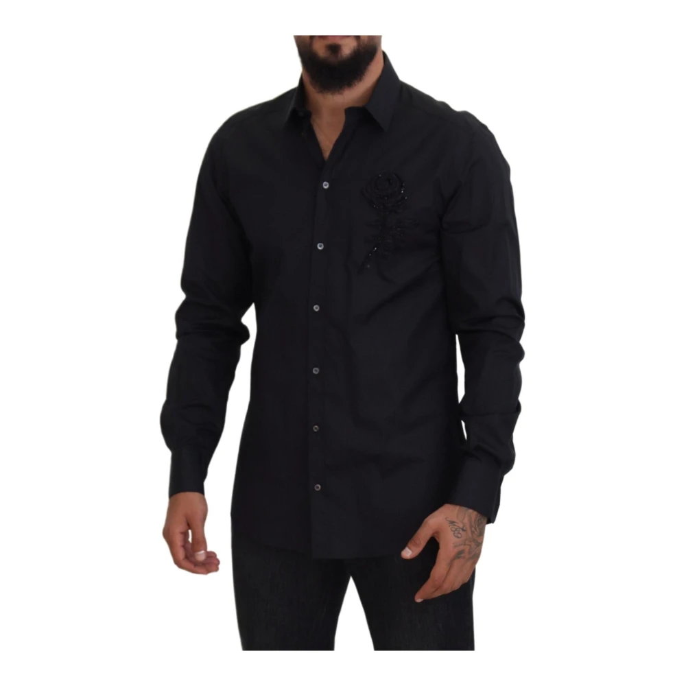 Dolce & Gabbana Zwarte rozen Slim Fit katoenen overhemd Black Heren