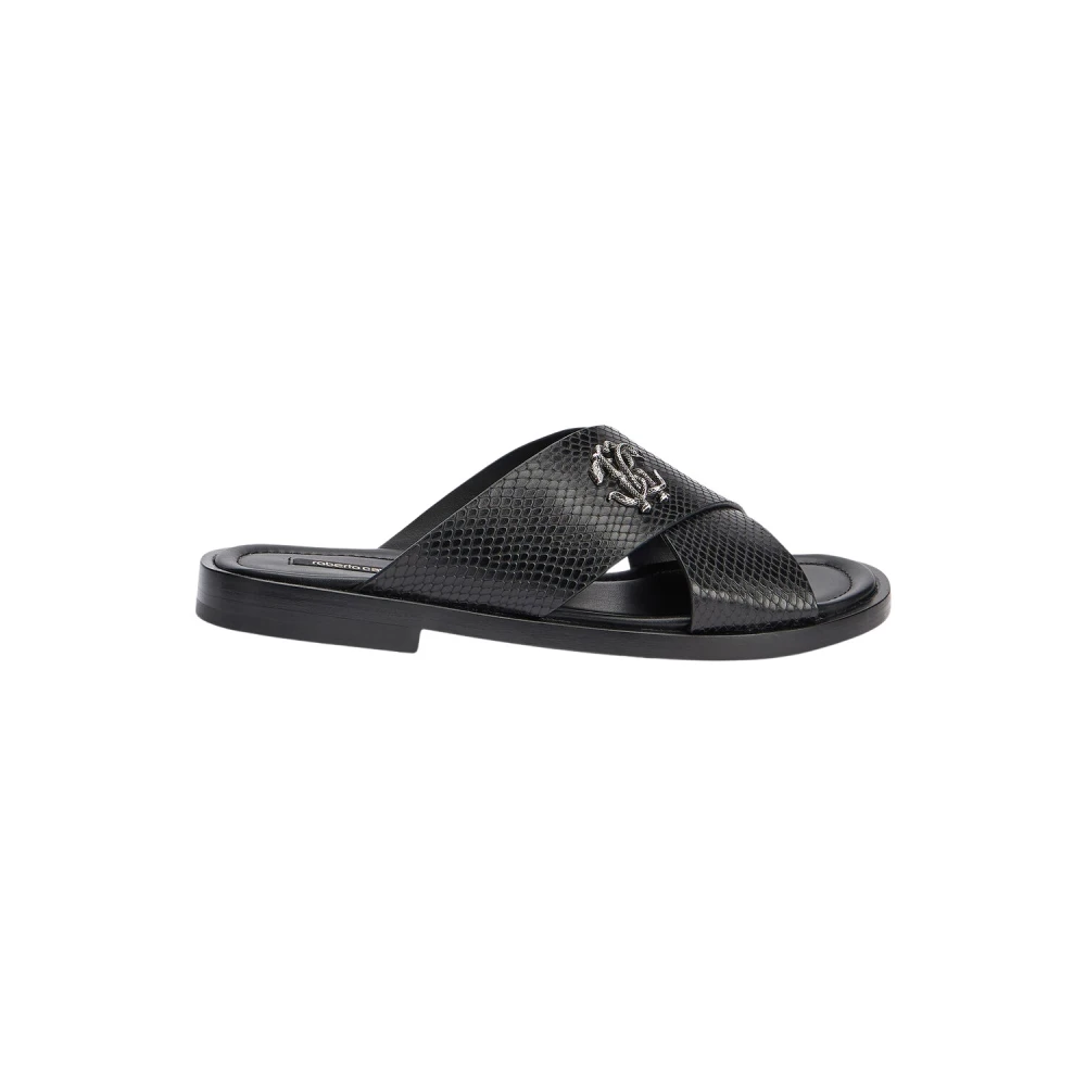 Roberto Cavalli Black Slide Sandals In Snake-Effect Leather - Male - Sliders - 7 Uk - Shoes