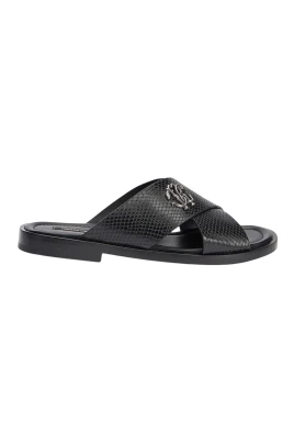 Slide Sandaler i Läder med Ormskinnsmönster