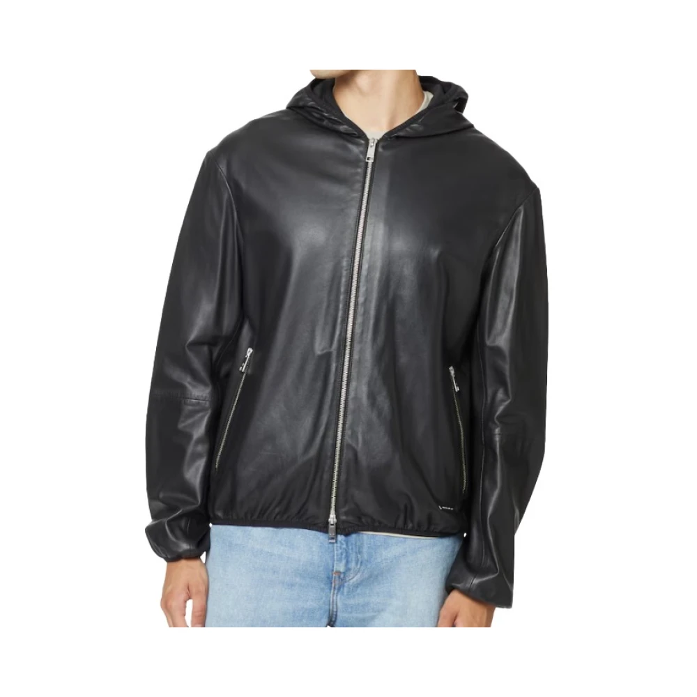 Armani Exchange Zwarte leren jas met capuchon en rits Black Heren